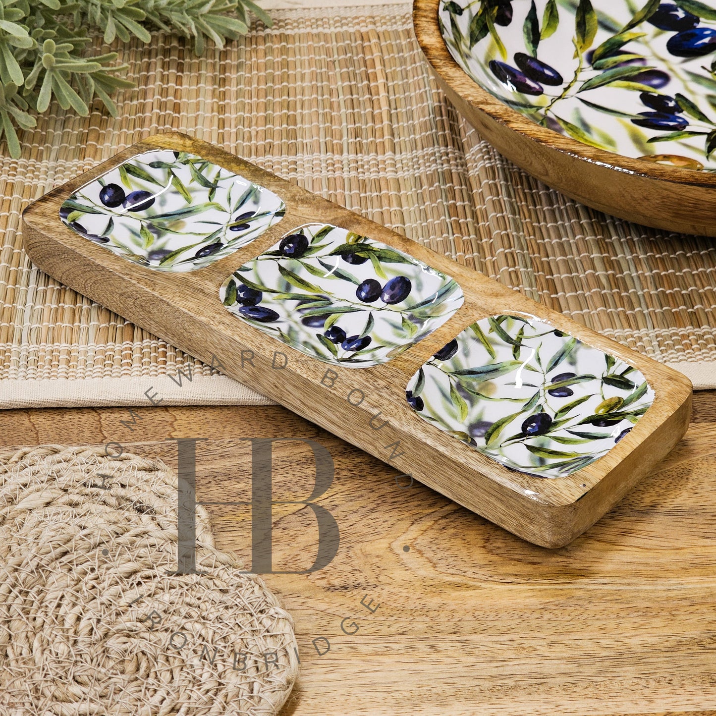'Olive Grove' Three Part Enameled Tray