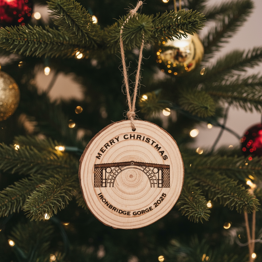 Wooden Christmas ornament with 'Merry Christmas Ironbridge Gorge 2025' text on a green background