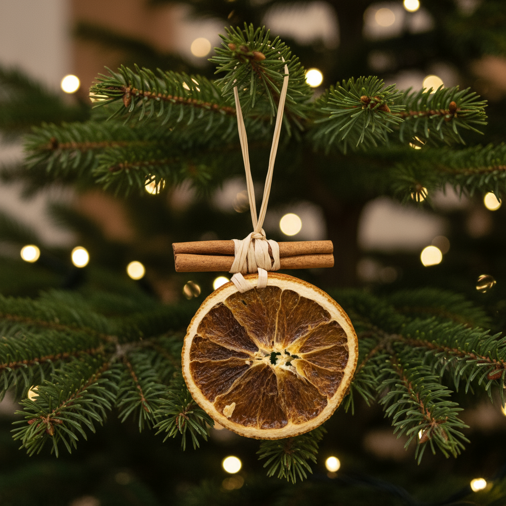 Dried orange slice with cinnamon sticks tied together on a green background
