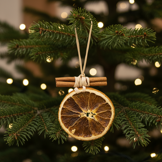 Dried orange slice with cinnamon sticks tied together on a green background