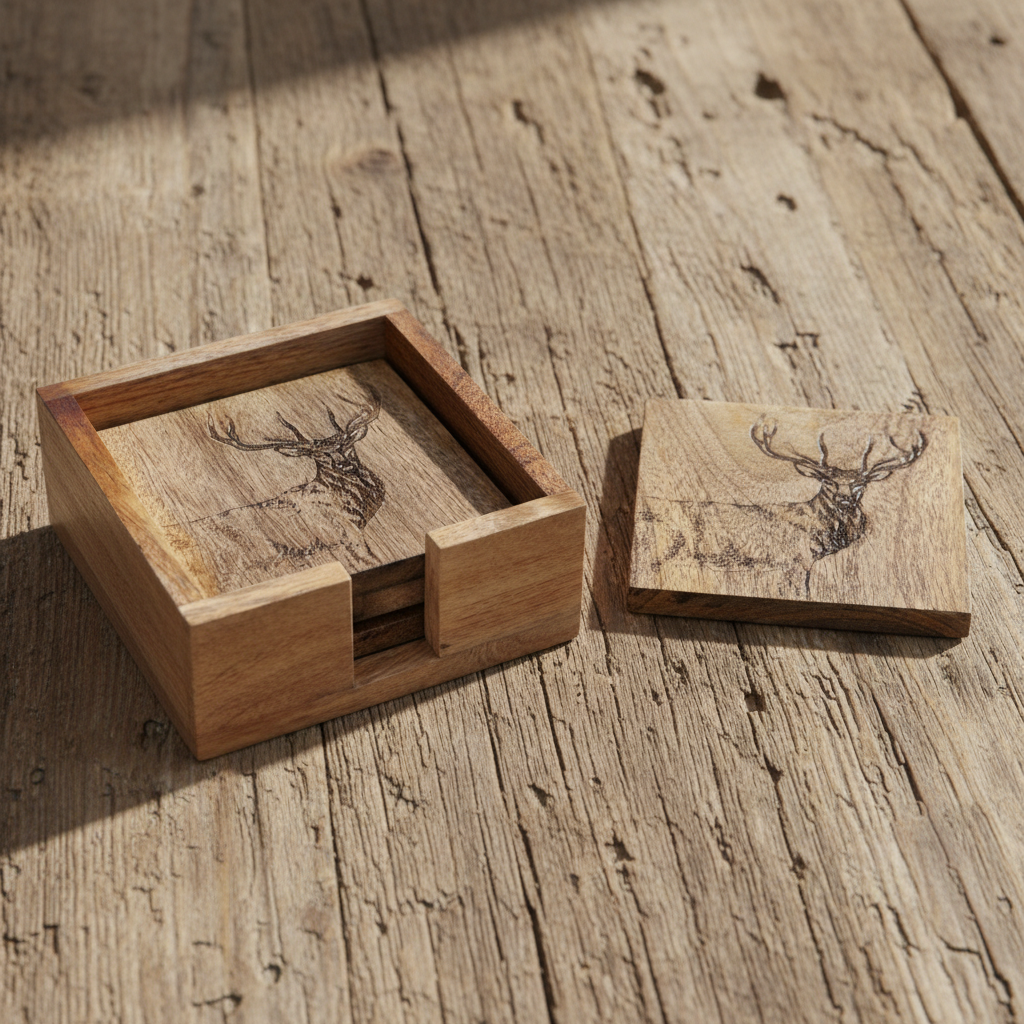 Mango Wood Stag Coasters in Holder