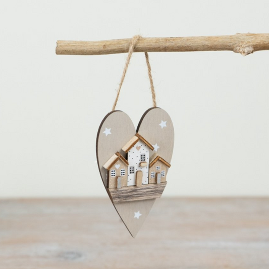 Wooden 'Village' Heart Hanger