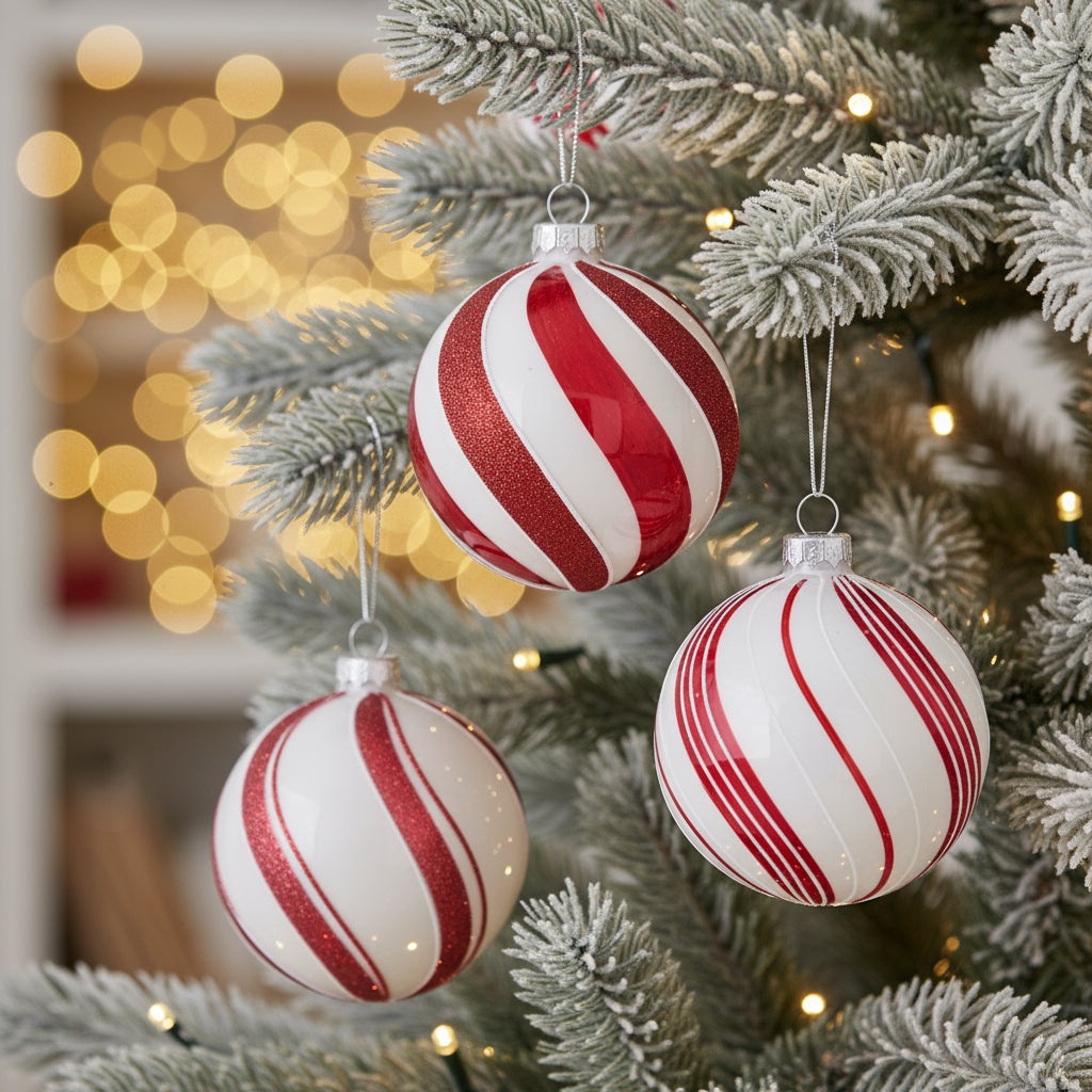 Red & White Striped Glass Baubles