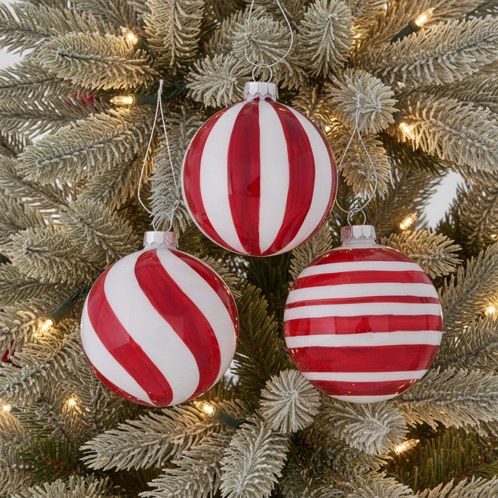 Red & White Striped Glass Baubles