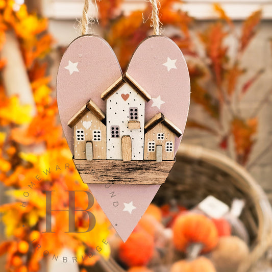 Wooden 'Village' Heart Hanger