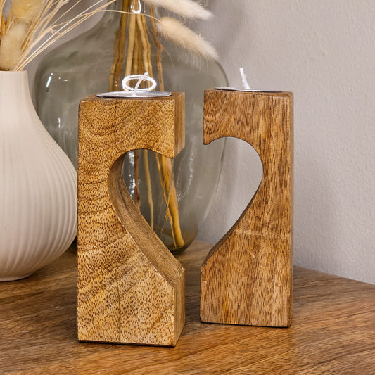 Set of Two Heart Mango Wood Tealight Holders