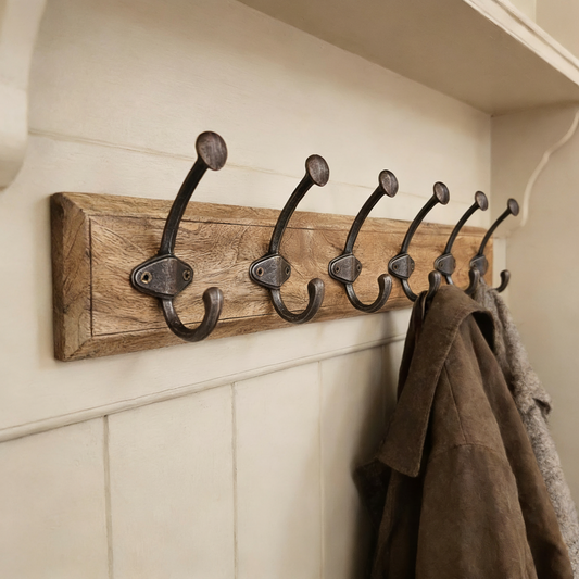 Iron Coat Hooks Mounted on Mango Wood
